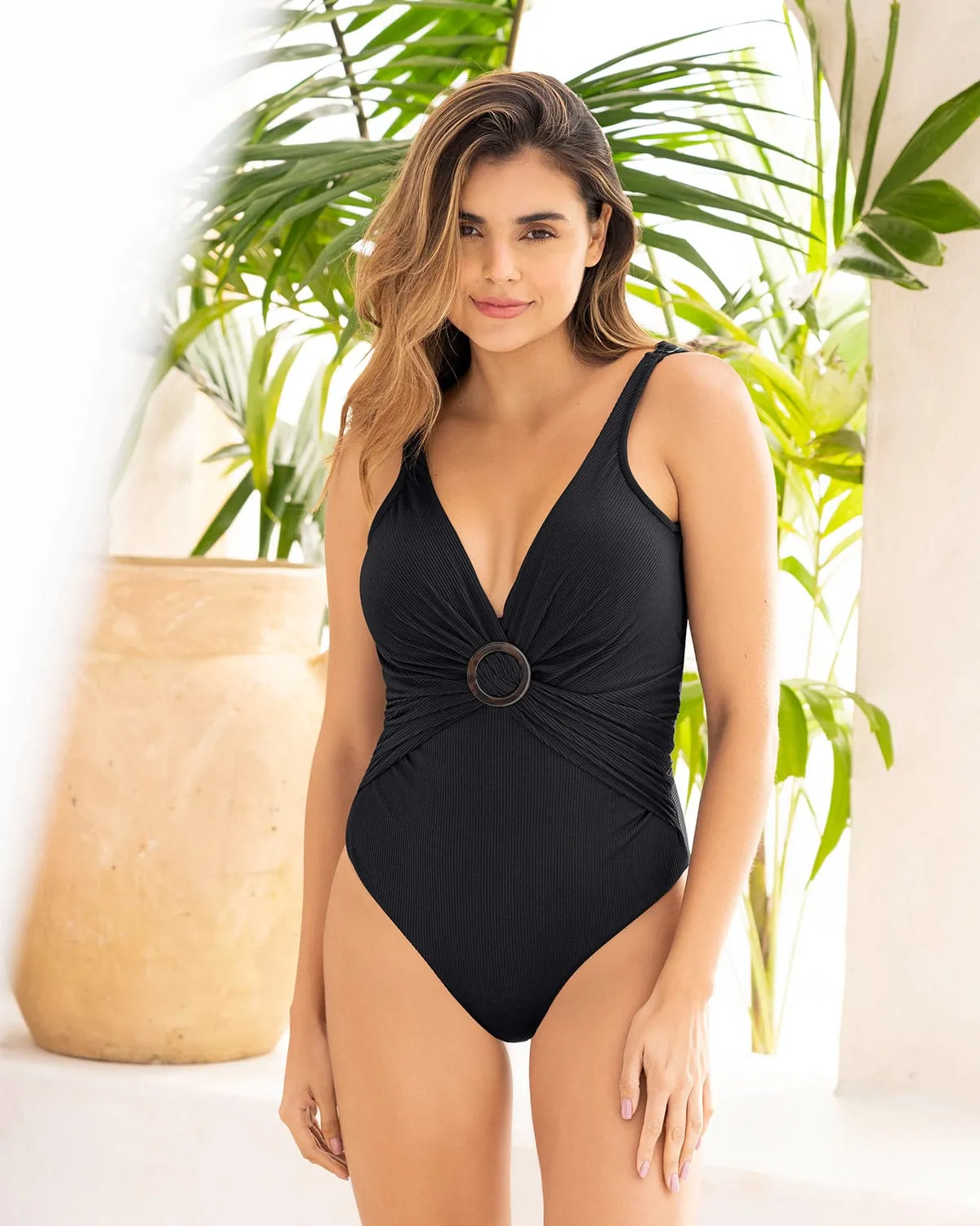 Vestido de bao de control de abdomen con textura acanalada