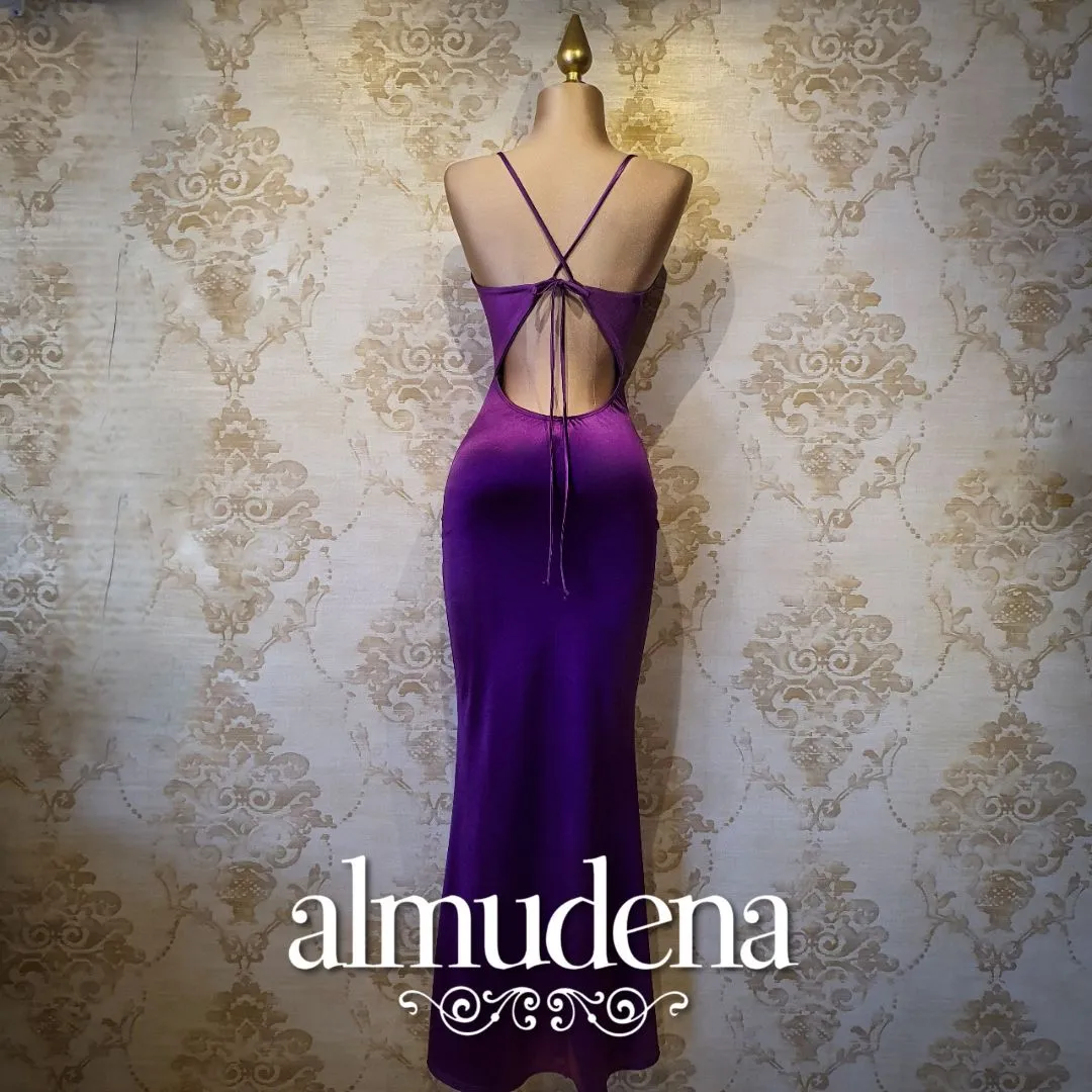 Vestido Morado Largo Satinado De Gala Sin Espalda