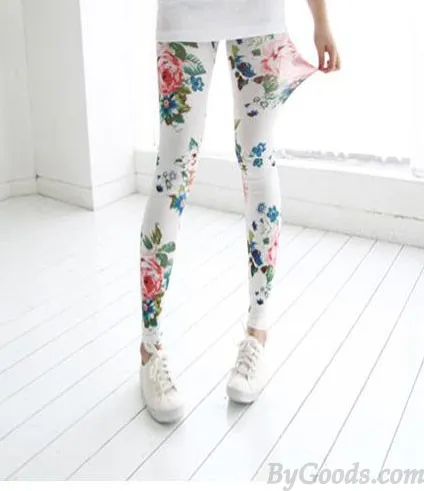 Vintage Fresh Floral Print Graffiti Leggings 