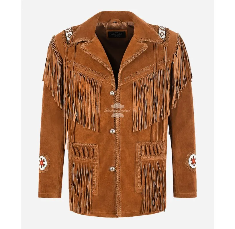 WESTERN Beaded Fringe Leather Jacket Cowboy Suede Leather Classic Coat