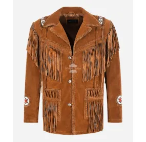 WESTERN Beaded Fringe Leather Jacket Cowboy Suede Leather Classic Coat