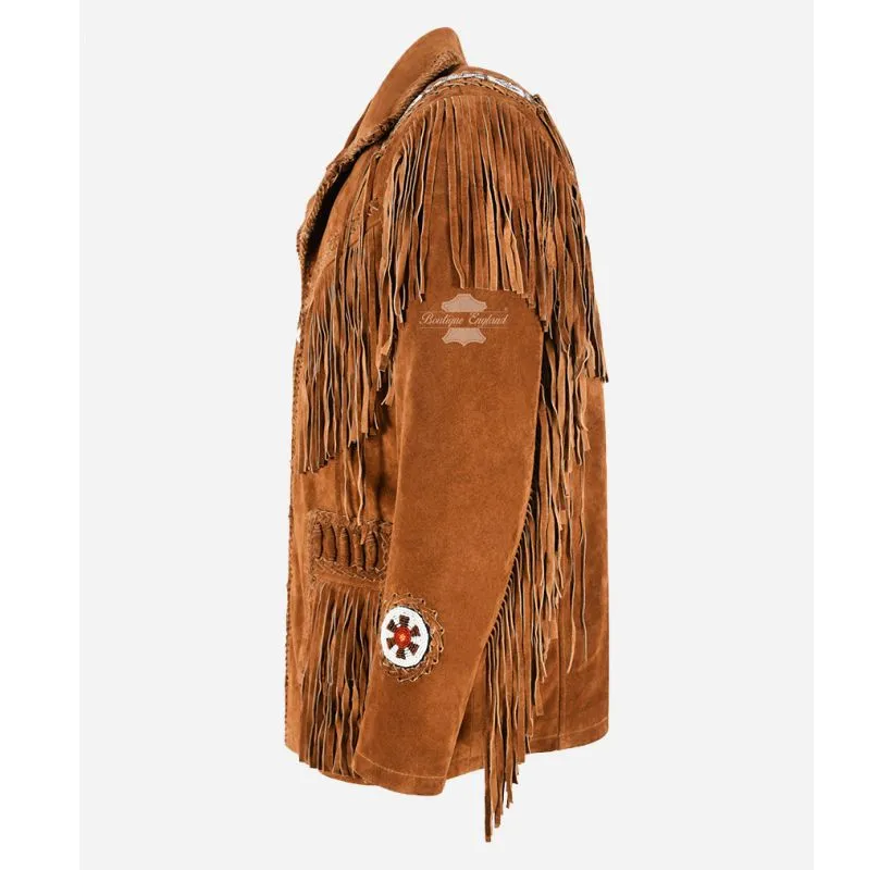 WESTERN Beaded Fringe Leather Jacket Cowboy Suede Leather Classic Coat