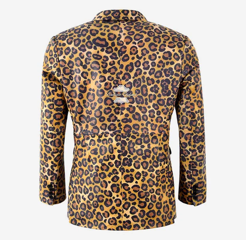 WILLOW Men's Leopard Print Leather Blazer Jacket Exotic Coat