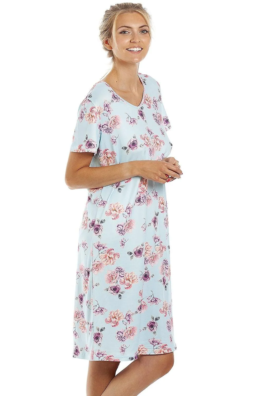 Women's Camille Womens Lightweight Floral Print Nightdress Light Blue Floral