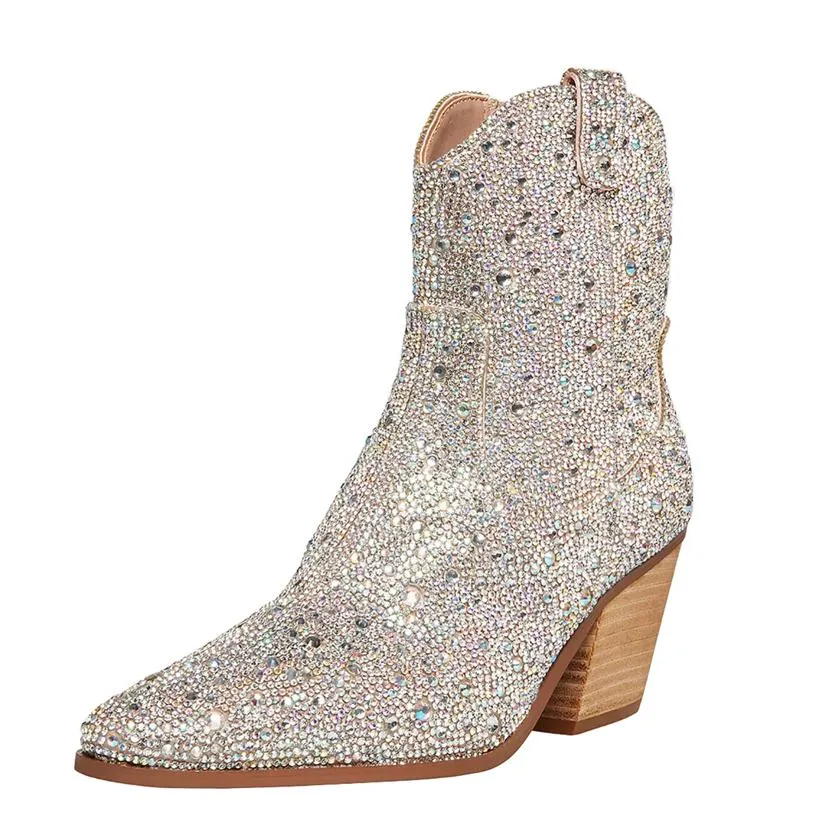 Zapatos informales Botas de diamantes de imitación de mujer Western Mid Toe Fashion Fashion Fashion Cowgirl Telle apilado PL On 